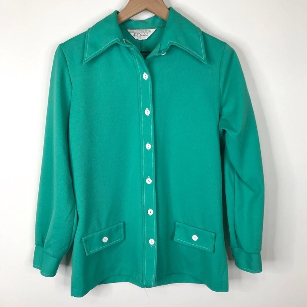 Vintage Polyester Button Up Shirt Teal Green Large